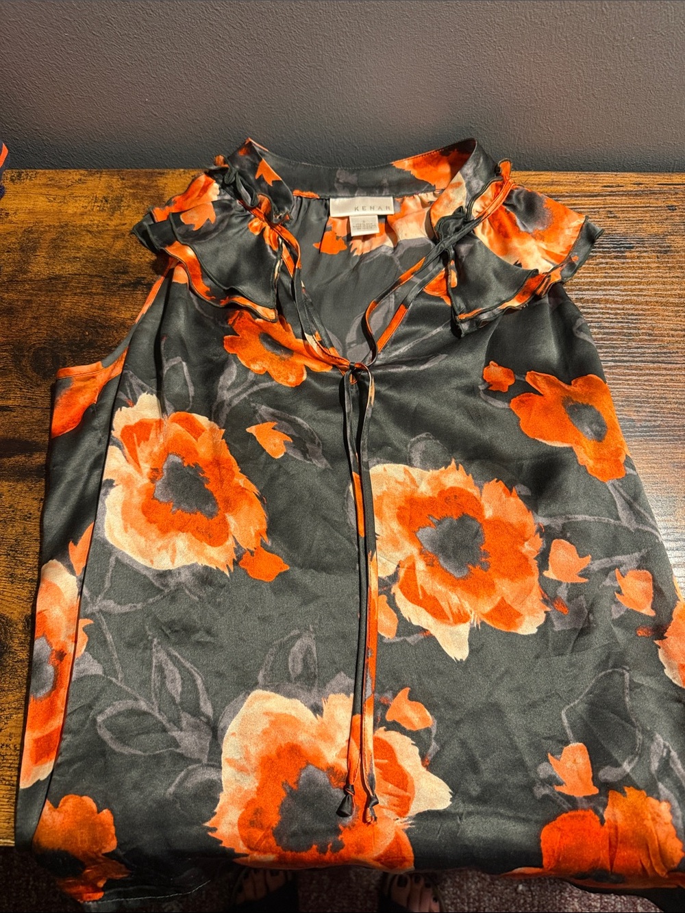 Kenar 100% Silk Floral Ruffle Tie Neck Sleeveless Blouse Size S